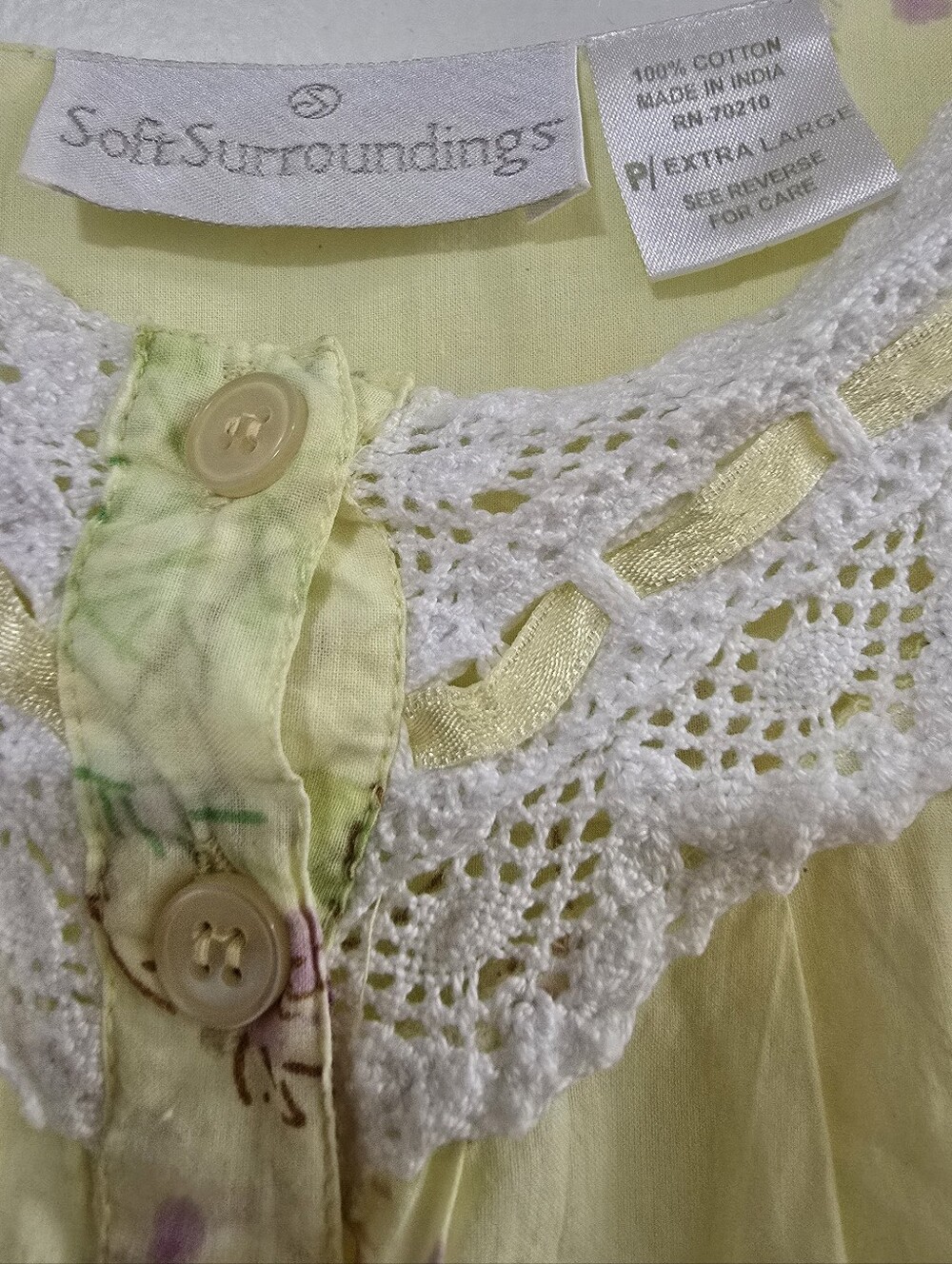 Soft Surroundings Pale Yellow Floral Lace-Trim Maxi Cotton Nightgown Size XL - Picture 10 of 10